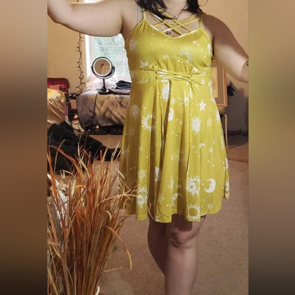 Witchy moon stars yellow criss cross sundress